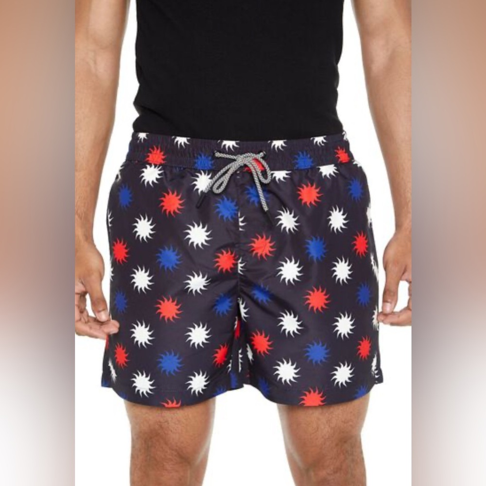 Forever 21 💙 NWT Men’s Sun Print Drawstring Swim Trunks Shorts (Size 40/42) XXL